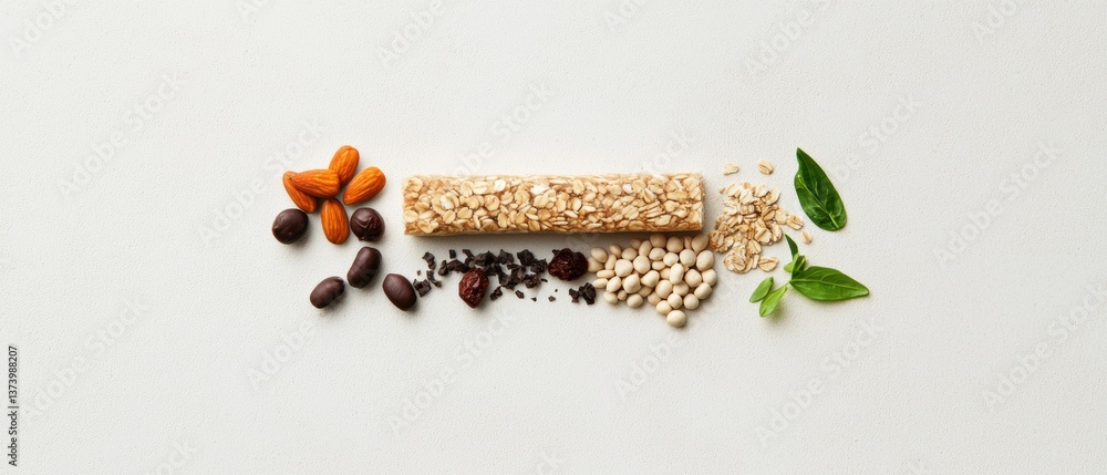 Poster flat lay of various nuts and seeds arranged in a horizontal line on a white background.