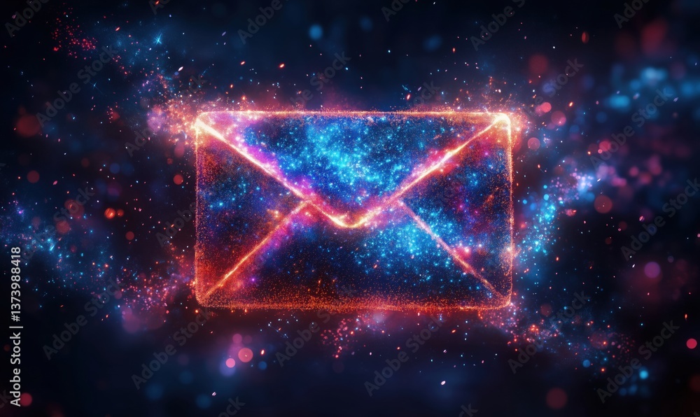Poster glowing cosmic envelope symbolizing digital communication and connection in space