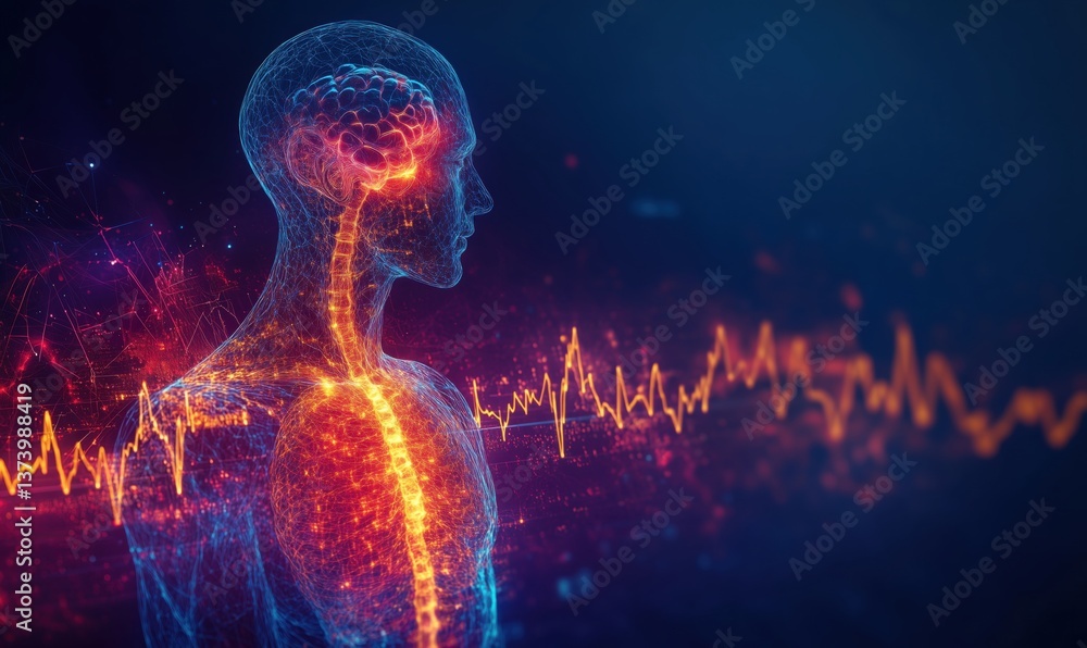 Poster human brain and nervous system visualization with digital heartbeat graph