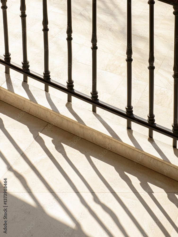 Poster close-up of a staircase with a black railing. the railing is made of metal and has a curved design w