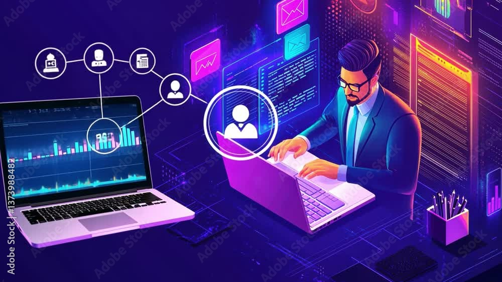 Poster modern technology concept with digital interface and businessman working on laptop in virtual enviro
