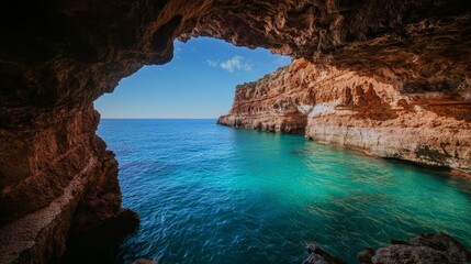 Bright turquoise waters swirl within a secluded sea cave, surrounded by rugged cliffs, bathed in light and shadow, creating a tranquil, mysterious atmosphere