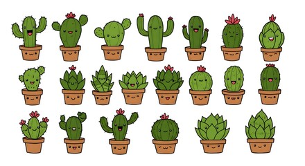 A delightful collection of cute, anthropomorphic succulents and cacti in pots with cheerful expressions.