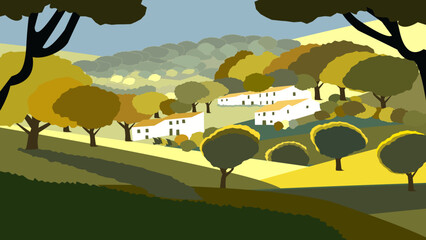 A vector image of an English village with cozy cottages, green lawns, and ancient trees.
