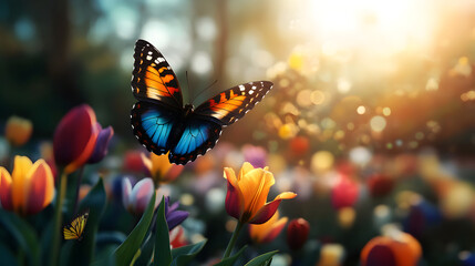 A butterfly with colorful wings flying over a vibrant bed of tulips in a peaceful garden.