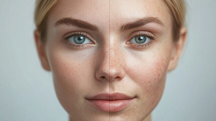 Fototapeta premium Woman face wrinkles before and after treatment, skincare and health concept.