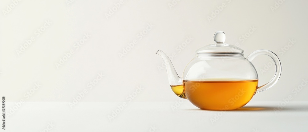 Poster glass teapot with a handle and a spout. the teacup is filled with a golden-colored liquid, which app
