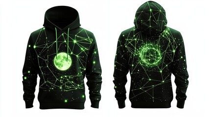 Neon green male hoodie, front and back view, cyber stars theme, front has a glowing AI-generated moon, back displays a futuristic night sky with neon constellation lines, white background, isolated