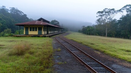 Fototapeta premium An abandoned train station sits in thick morning fog, its once-busy platform now obscured. Rusted tracks lead into the mist, hinting at tales of the past