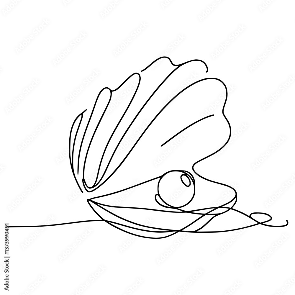 Poster elegant line drawing of a shell with a pearl on transparent background