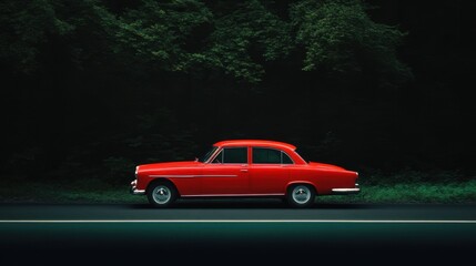 Fototapeta premium Vintage red car parked on a dark forest road, showcasing classic automotive design against a serene natural background