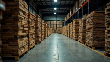 Obraz premium Stacks of wooden planks stored in warehouse aisle on industrial floor.