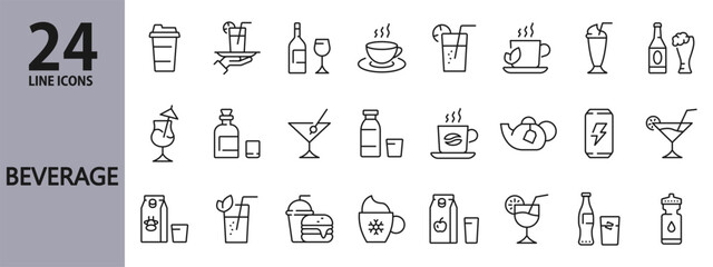 Beverage line icons set with Drink, Coffee, Mojito, Cup, Milk, Tea, Cocktail and more. Editable Stroke
