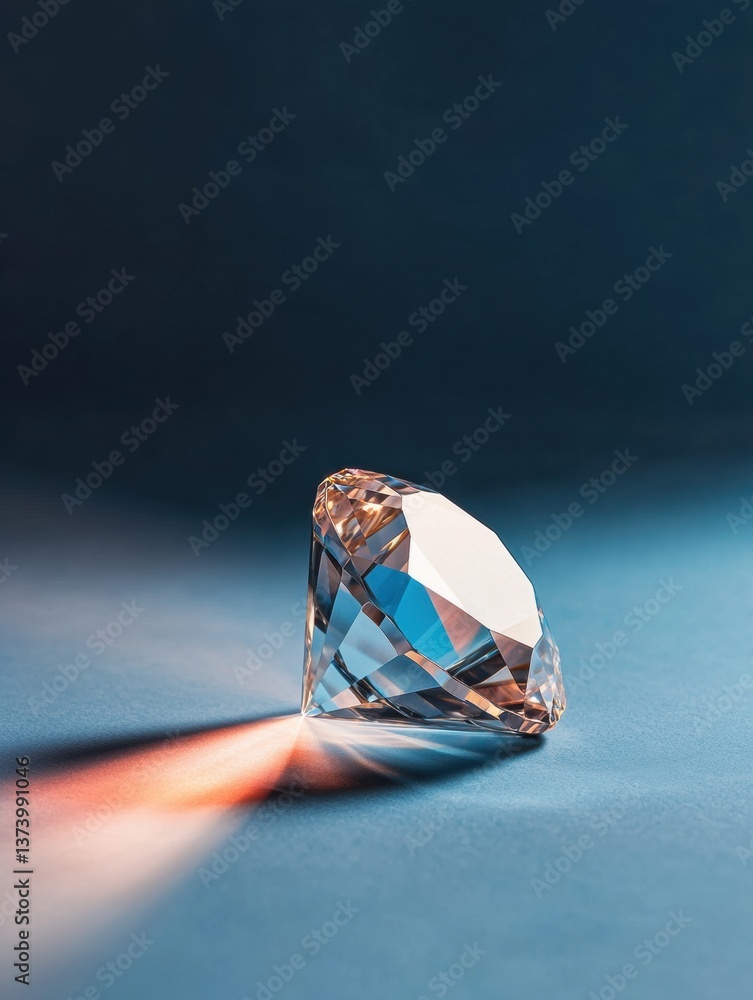 Poster close-up of a diamond on a blue background. the diamond is in the center of the image, with its face