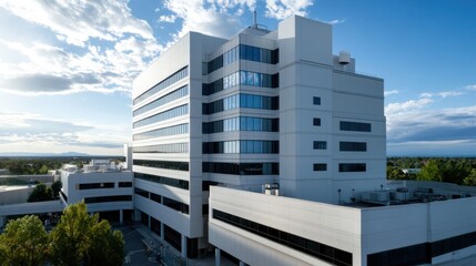 A modern hospital building stands against a serene sky, symbolizing hope and advanced healthcare with its sleek architectural design.