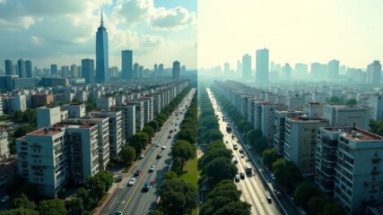 Obraz premium Aerial view of modern city skyline with river and split lighting effect.