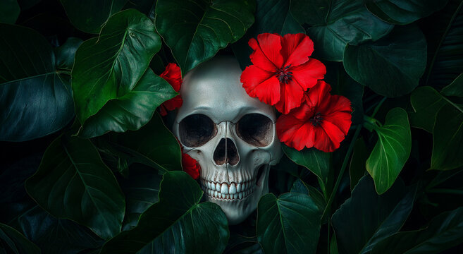 Caveira adornada com flores vermelhas vibrantes e folhas verdes exuberantes em um estilo de fotografia espont&acirc;nea, capturando a beleza da natureza e o macabro em uma composi&ccedil;&atilde;o &uacute;nica