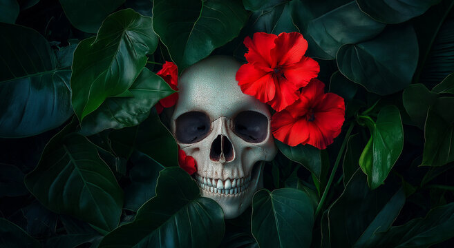 Caveira adornada com flores vermelhas vibrantes e folhas verdes exuberantes em um estilo de fotografia espont&acirc;nea, capturando a beleza da natureza e o macabro em uma composi&ccedil;&atilde;o &uacute;nica