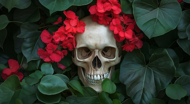 Caveira adornada com flores vermelhas vibrantes e folhas verdes exuberantes em um estilo de fotografia espont&acirc;nea, capturando a beleza da natureza e o macabro em uma composi&ccedil;&atilde;o &uacute;nica