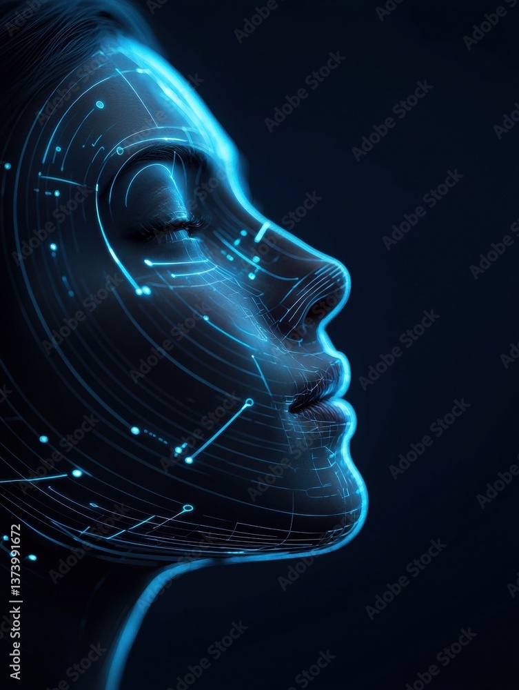 Poster digital illustration of a woman's face. the face is made up of a series of lines and dots that form 