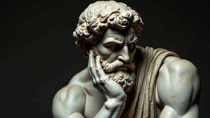 Thoughtful ancient marble statue of muscular bearded man in dramatic lighting.