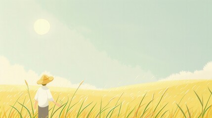 Fototapeta premium Peaceful Harvest Scene, Person in a field of golden wheat under a bright sun.