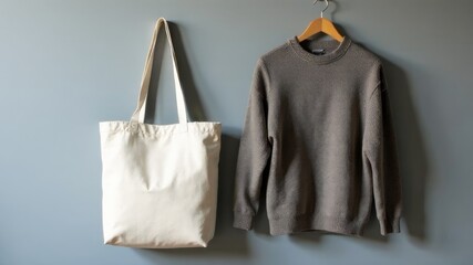 Beige cotton tote bag and dark knit sweater hanging on hooks on grey wall.