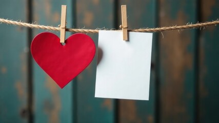 Red heart and blank photo hanging on rope with clothespins on rustic wooden wall.