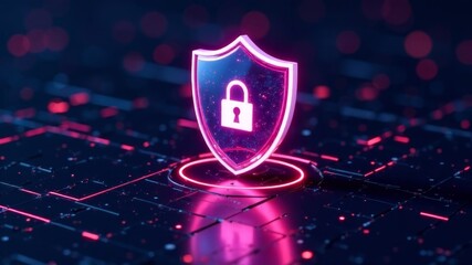Glowing shield with lock symbol on digital grid background represents cybersecurity.