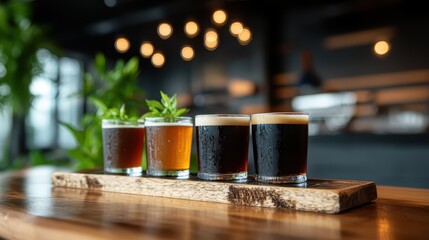 A visually appealing arrangement of four craft beer glasses showcasing different beer styles, set on a rustic wooden tray, ideal for beer enthusiasts and connoisseurs.