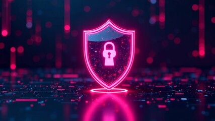 Glowing shield with lock symbol on digital grid background represents cybersecurity.