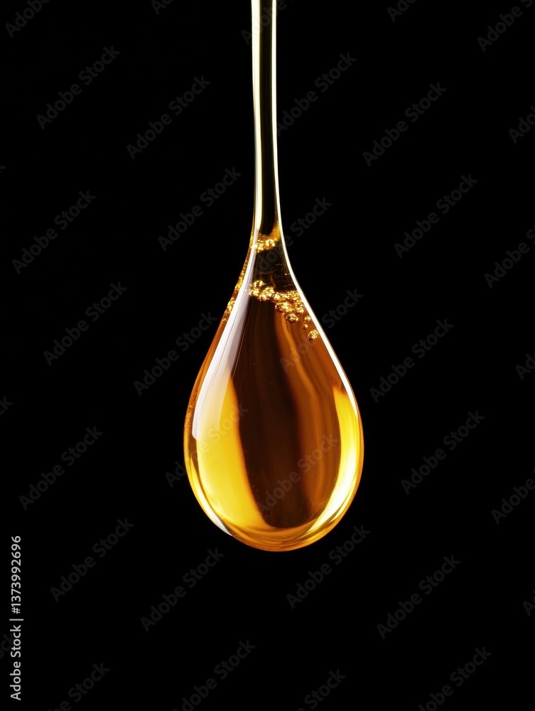 Poster close-up of a droplet of honey on a black background. the droplet is in the shape of a teardrop and 