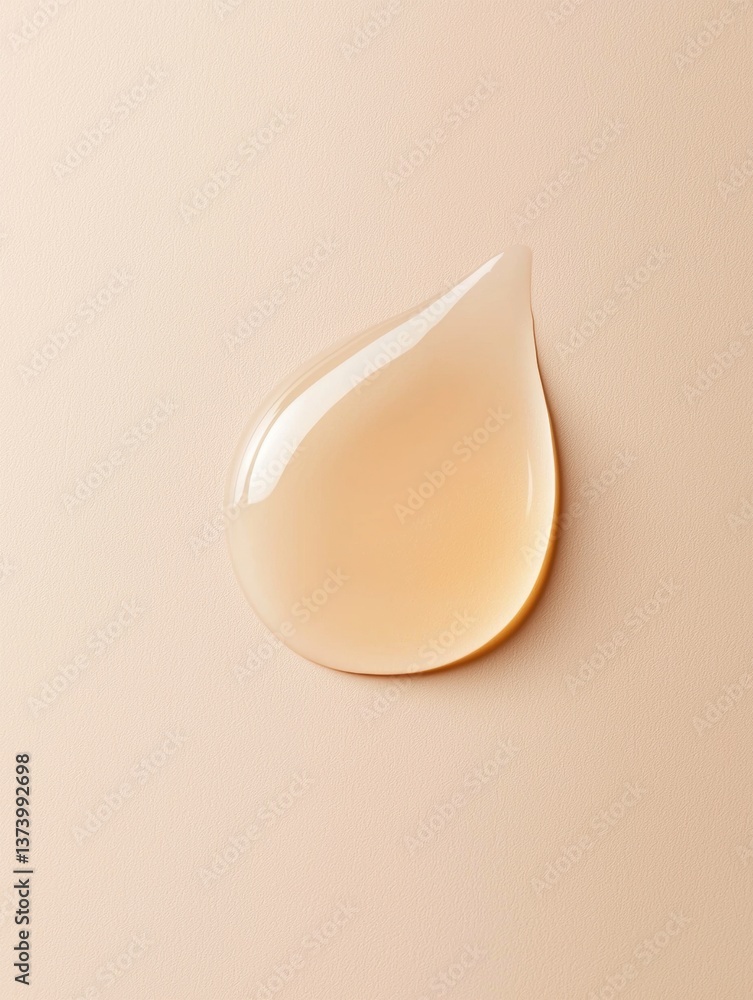 Poster close-up of a single drop of liquid foundation on a light pink background. the drop is in the shape 