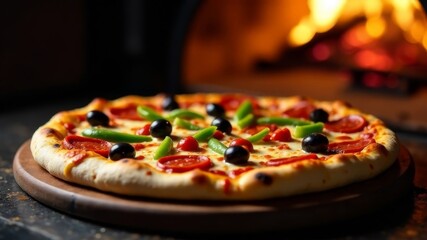 Delicious pepperoni pizza with olives and peppers on wood-fired oven background.