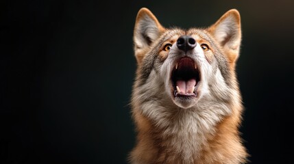 Naklejka premium A striking close-up of a howling coyote, showcasing its expressive features, beautiful fur, and piercing eyes in a captivating light against a dark backdrop emphasizing its wild essence.