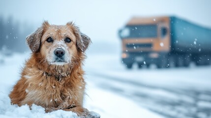 A fluffy dog sits in the snow while a truck passes by, illustrating the dichotomy between calm solitude and the chaotic world of vehicles on a winter road.