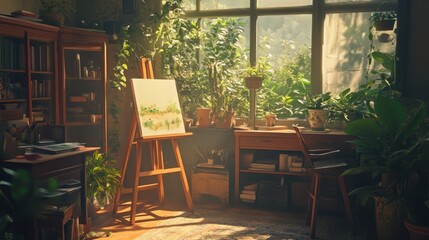 A serene art studio with wooden furniture, a vintage easel, and soft, natural lighting.