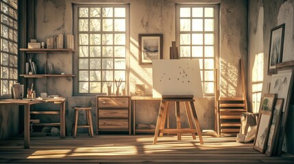 A serene art studio with wooden furniture, a vintage easel, and soft, natural lighting.
