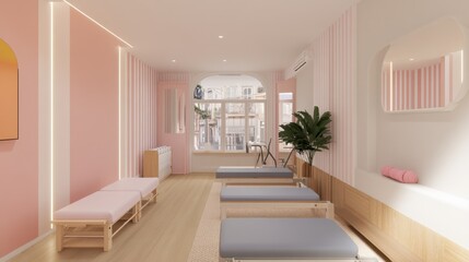 Fototapeta premium A serene pilates studio with soft pastel walls, reformer machines, and a bright, airy atmosphere.