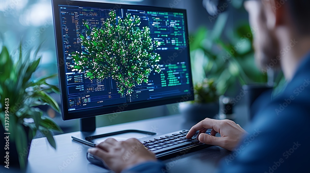 Wall mural person coding at desk with green and black code on monitor
