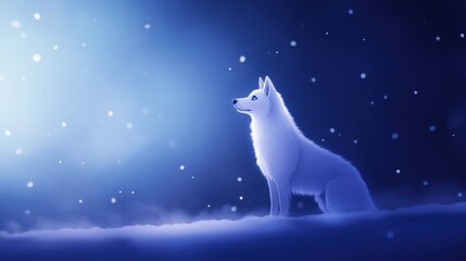 Enigmatic White Fox in a Serene Snowy Landscape Illuminated by Soft Blue Light with Snowflakes Falling Gently in a Magical Atmosphere