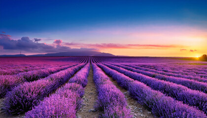 Obraz premium Beautful landscape scenery with purple lavender fields with the sunset in the background