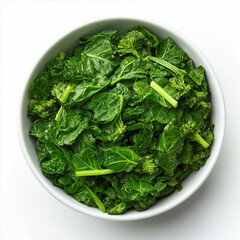 Bowl of green broccoli with a few green stems. Cut into small pieces. The bowl is white