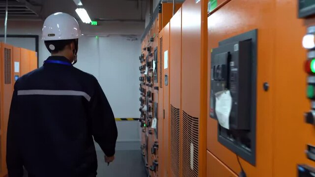 Young technician checking indoor network ensures machine reliability in industrial plant by electrical cabinets. Embodying safety concept, keeping operations up running. Witness the art of maintenance