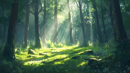 Fototapeta premium Enchanting Anime Forest with Sunlight Rays – Lush Green Fantasy Wallpaper