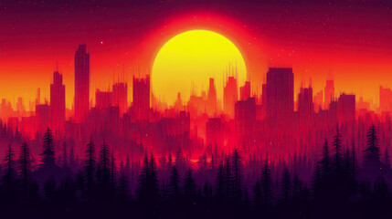 Fototapeta premium Distant Metropolis: A fiery sunset over a silhouetted city, framed by an enigmatic forest horizon.