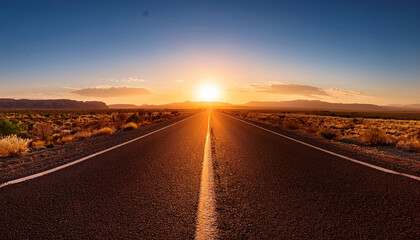 Fototapeta premium On a roadtrip through beautiful nature scenery background with mountains and a sunset