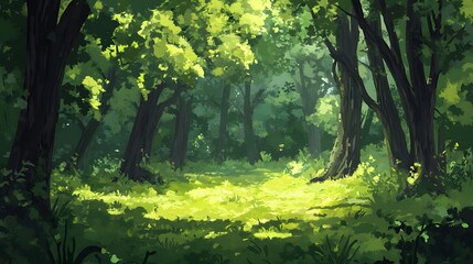 Naklejka premium Enchanting Anime Forest with Sunlight Rays – Lush Green Fantasy Wallpaper