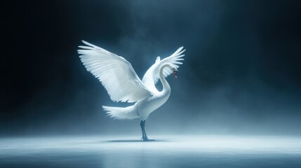Obraz premium Elegant white swan gracefully spreading its wings amidst soft mist in a serene setting, embodying beauty, grace, and tranquility in nature's splendor