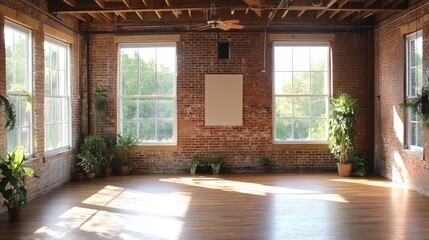 Fototapeta premium A sunlit dance studio with exposed brick walls, wooden beams, and rustic vintage charm.
